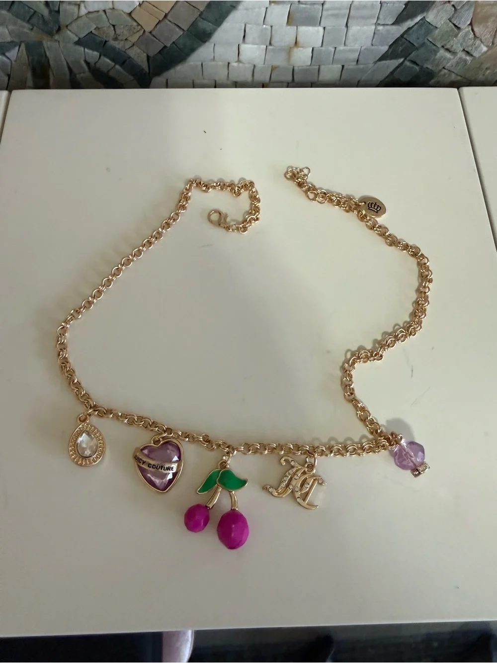 Juicy Couture Gold-Tone Charm Necklace with Pink Cherries & Purple Heart